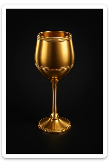 Create a simple and luxurious icon style of a wine glass silhouette in gold color on a black background, inspired by the fourth reference wine glass. sticker