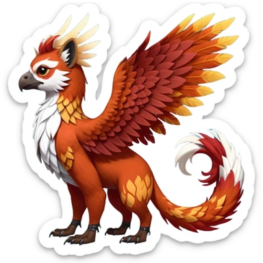 4-legged realistic digitigrade scaly winged long-big-beaked Gryphon-Griffin-Griffsnuff-Talonflame-Silvally-Braviary-Red-Panda-fusion-hybrid-animal-Fakémon-creature, full body, with a long thin tufted lion-tail, long big tufted winged feathery ears sticker