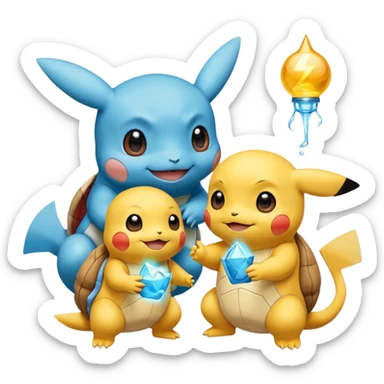  Pikachu has a light to share, but Squirtle has none. Pikachu sees this is unfair, so he shares the light with Squirtle. They smile and eat together. Show this as a cute Pokémon emoji scene about justice and fairness.

 sticker