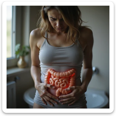 hyperrealistic woman with intestinal disorders, suffering face, hands holding abdomen, curved posture, expression of discomfort, realistic details, 4K quality, domestic or bathroom environment sticker