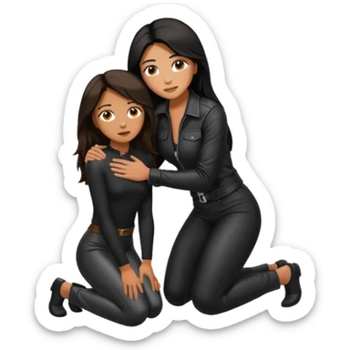 Tan skin with freckles, long dark hair, hazel eyes Dominatrix standing over a dark haired man who is kneeling at her knees sticker