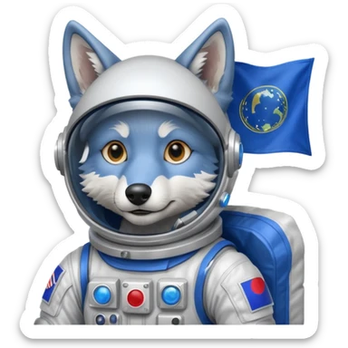 a wolf in space suit, holding blue rectangle flag sticker