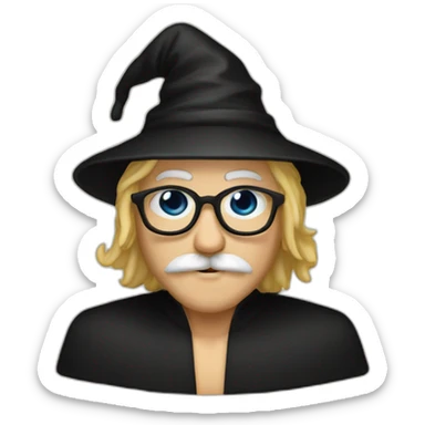 A man with blond hair and a mustache, wearing a black squared shaped eye glasses, wizard hat, black  robe sticker