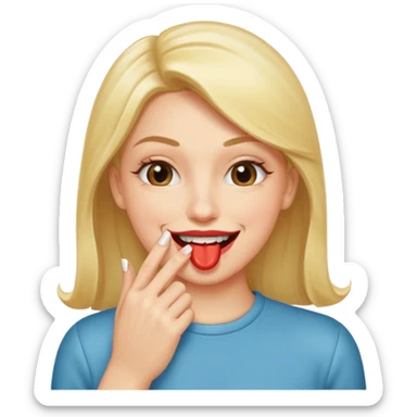 Una persona sonriendo y con labios gordos haciendo el gesto de meter el dedo en la boca y mordiendo la uña postiza  sticker