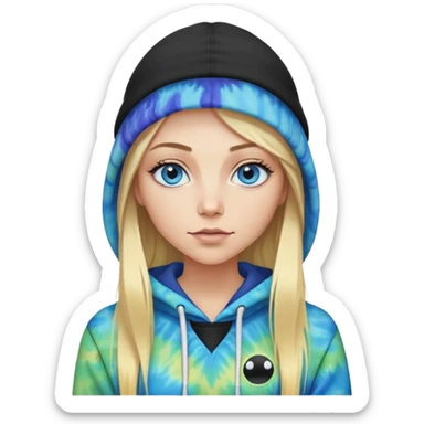 White woman with long blonde straight hair and blue eyes with long eyelashes and tiedye hoodie and a black beanie with an alien on it sticker