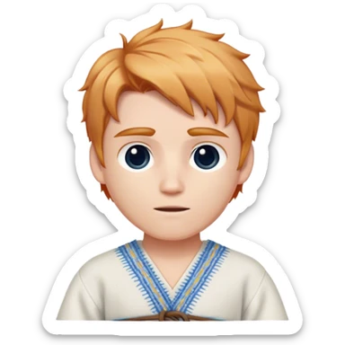 Medieval spring outfit worn by a DnD themed fantasy male character. Soft white cotton tunic with blue thread detailing along the seams, paired with a hand-woven belt of mixed fibers. Clothes only above the waist, full waist coverage. The character has no arms. Character is white-skinned with strawberry blonde hair, steel gray eyes, and medium-length wavy hair. sticker