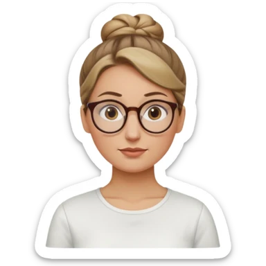 femme de 38 ans avec des cheveux tirés vers l'arrière blond foncé sans mèche devant, un chignon haut, yeux bruns, lunettes rondes, visage ovale sticker