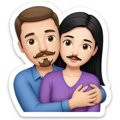 Tall white man with short brown hair mustache and goatee, hugging small pale woman long with black hair sticker