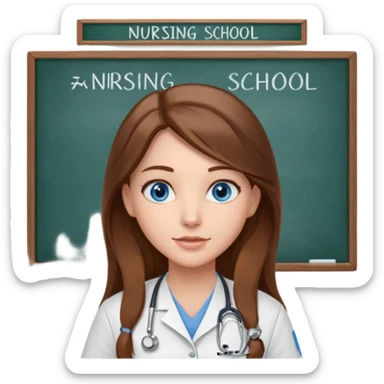 inside a classroom at university that says nursing school on the board with a pretty female nursing student with long brown hair, blue eyes sticker