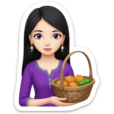 a pretty bratz girl with straight black hair, wearing a purple kurti, silver jhumkas, eyeliner, carrying momos sticker