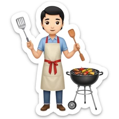 man cooking barbecue full-body black hair light brown skin sticker