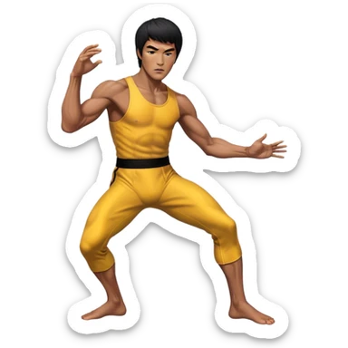 Cinematic Realistic portrait of Bruce Lee, shown as a legendary martial artist in a dynamic, powerful pose with modern athletic attire and finely detailed muscle definition, rendered in dramatic action lighting sticker