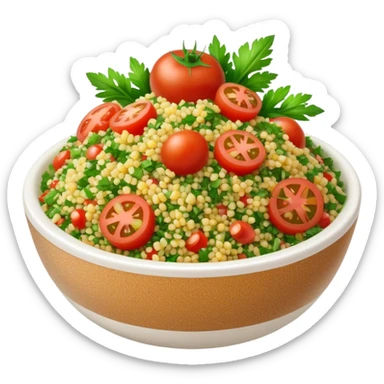 Cinematic Realistic Tabbouleh Salad Dish Emoji, showcasing a fresh herbaceous salad with bulgur, tomatoes, and parsley rendered with crisp textures and natural, vibrant lighting. sticker