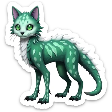 Scaley Kawaii spectral spooky dark bleak blackish swampy white-skeletal gloomy ghostly dark greyish dark-deep-greenish foggy eldritch beautiful realistic edgy fantasy ghoul-like stitched feline-vernid-sergal-fursona animal creature with a tufted tail full body with intricate markings  sticker