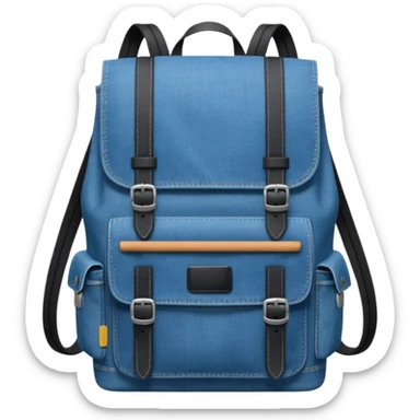 a blue denim backpack with a flap top, two vertical *black buckle straps* on the front. The backpack has two side pockets and a soft square shape. 

 sticker