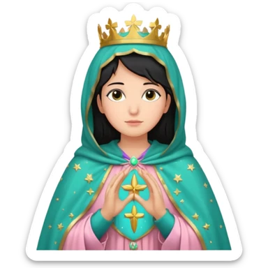 virgen maria catolica con vestido rosa palido. manto verde turquesa y pequeñas estrellas doradas, dispersas por el manto, muchas estrellas en su manto.con las manos juntas y de piel morena con pelo negro lacio sticker