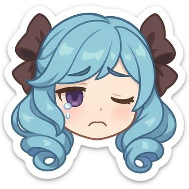 Gwen from League of Legends, chibi style, only head, borderless, right eye purple, both eyes same size, sad emote 4 sticker