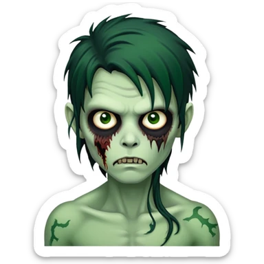 brunette zombie boy with horror green skin and long messy black hair sticker