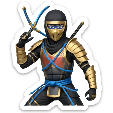 CHAINSTRIKE (Team Leader): Black-and-charcoal ninja armor, subtle metallic lines. Half-mask with glowing blue eyes that turn gold in combat. Shape-shifting rope dart—blue idle, gold in use. Silent, controlled, always one step ahead. Low, balanced stance with rope dart coiled around his arm. sticker