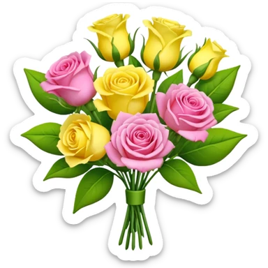 A mixed bouquet of four flowers, including pink roses and yellow lisianthus. sticker