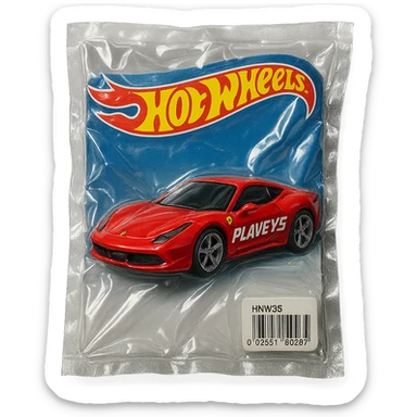 Hot Wheels blister pack with red Ferrari, 'PLAVLEYS' in bold slanted racing letters on the car, shiny and inflated vacuum-sealed style sticker