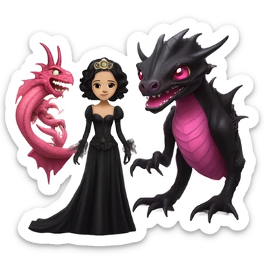 Lavish black evening gown with see-through gloves, Jenna Ortega as Addams woman wearing a steampunk mini tiara, very large blood pink evil-looking horned old dragon sticker