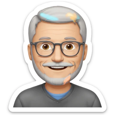 54 year old man, short shaved grey hair, full beard, glasses sticker