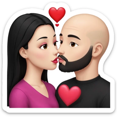 👩🏻‍❤️‍💋‍👨🏻 this one but the man should be bald. white woman with long black hair and white bald young man whoitiut hair and a heart between their heads. she has pink lips and both have brown eyes. he has e full beard but short. both wear black. they kiss slowly sticker