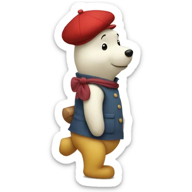 white winnie the pooh, parisien style with red beret on hair and baguette on arms sticker