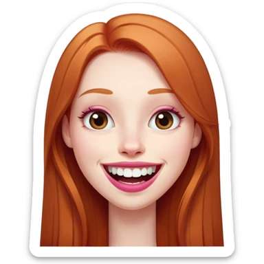 Young girl with pale skin, very long face, full pink lips smiling with big teeth, very long straight auburn hair (lighter ginger, not intense red), big brown eyes, big nose, big mouth sticker