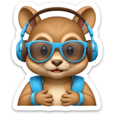 A high-detail 3D cartoon emoji of a cool chipmunk wearing oversized glowing blue DJ headphones and white retro sunglasses, expressive smirk, vibrant colors, white background, high gloss. sticker