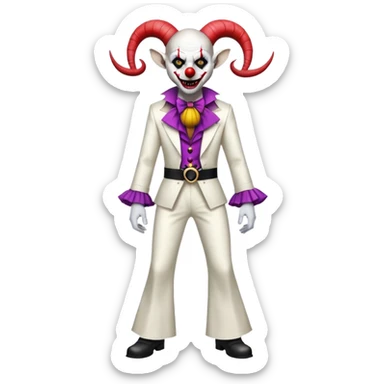 full-body demonic clown in a white leisure suit with bellbottom pants, bald, with black ram horns, flashy belt, ruffled shirt, no neck tie, large fangs in mouth sticker