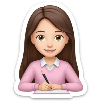 smiling long brunette hair girl hazel eyes wearing light pink clothes writing sticker