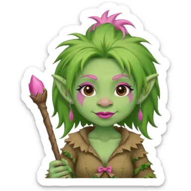 A green troll with green hair and brown and tan raggedy clothes on holding a brown stick with pink lipstick, long eyelashes and pink nails sticker