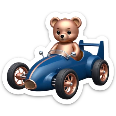 dark blue and rosegold-accented  retro racing car driven by a small evil scary teddy bear with rear spoiler and wheely bar sticker