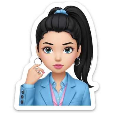 generate a pretty bratz girl with black hair tied up in a single ponytail. wearing a light blue full sleeve shirt and a black blazer over it. silver small hoops, pink lipgloss.  sticker