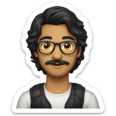 Indian teenager, with moustache and a goatee, with long wavy black hair,jawline, wearing glasses sticker