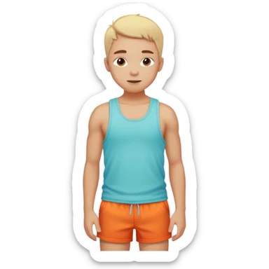 Emoji-style person in beach shorts with sunburned shoulders and chest, tank top outline, cute rounded features, soft shading, vibrant colors sticker