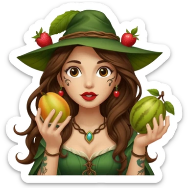 forest mage woman long wavy brown hair tattoos holding fruit near lips sticker
