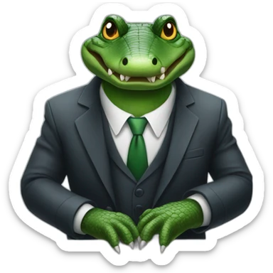 An alligator wearing a suit sitting on a table looking straight sticker