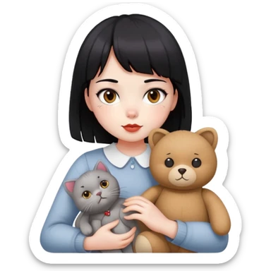 girl,drak eyes, red cheeks, black hair with a bang, white face, holding a British gray cat and a brown teddy bear sticker