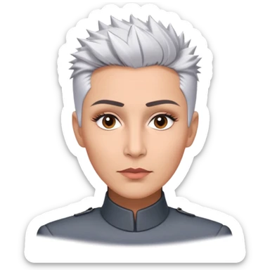 Marian Pabón with elegant facial features, light rosy complexion, expressive made-up eyes, medium well-defined lips, sophisticated pronounced cheekbones, short spiky silver hair styled like a men's cut sticker
