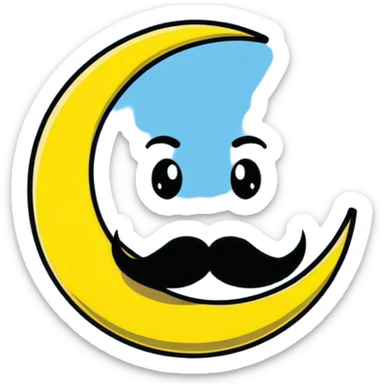 yellow crescent moon with a fancy handlebar mustache and cute smiling face sticker