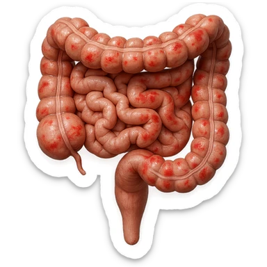 intestino umano anatomico con rossori sparsi sul colonm, iperrealistico 4k sticker