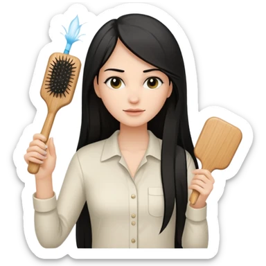 A white woman with long, straight black hair, wearing an ivory-colored shirt, holding a small square wooden paddle hairbrush in her left hand and spraying a hair mist bottle with her right hand toward her hair. sticker