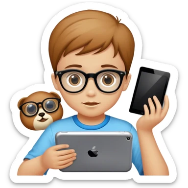 Fai un bambino biondino pallido occhi nocciola  con gli occhiali neri quadrati che gioco con il tablet sticker