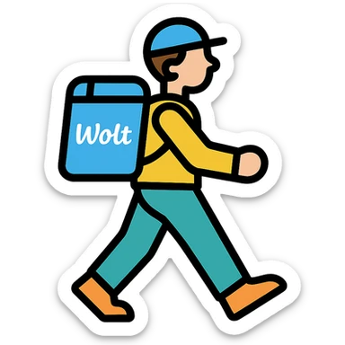 male courier walking with a blue Wolt backpack, minimal style sticker