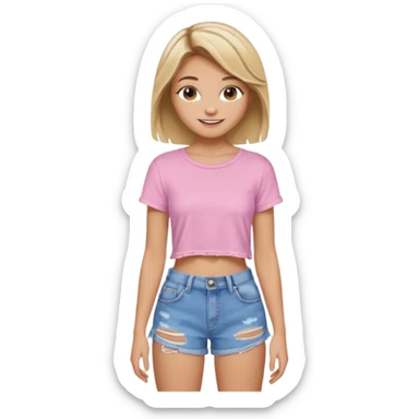 preppy teen girl, tan, blonde highlights, brown hair, long eyelashes, beach aesthetic, wearing cute clothes, sexy, wearing ripped blue baggy jeans with a light pink crop top, a little revealing  sticker