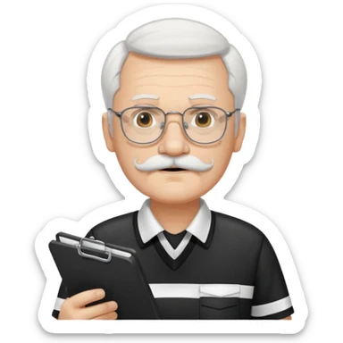 An old stern white hair and mustache, wear glasses referee with a clipboard, monitoring players closely. sticker
