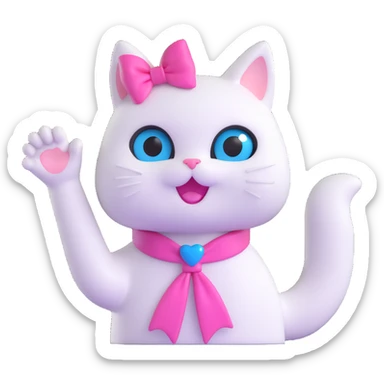 white cat with blue eyes very cute with a pink bow on his neck waving hello sticker